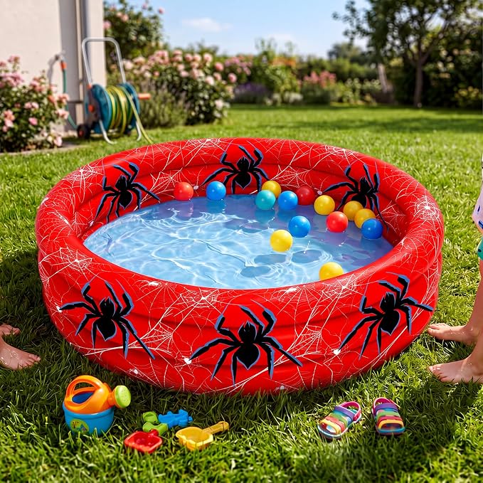 Arrowbash Spider Inflatable Pool 49" x 10" Red Spiderweb Swimming Pool | 3 Ring Design for Boys Girls, Spiderweb Pattern, Portable Blow up Pool, Summer Backyard Water Splash, Indoor Outdoor