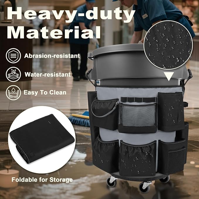 HODRANT 32-55 Gallon Trash Can Caddy Bag with Multi Pockets for Clean Tools | Garbage Bin Apron Caddy, Cleaning Tool Organizer with Adjustable Buckle for Janitorial Trash Can, Black+Gray