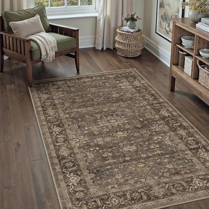4x5 Dark Brown Vintage Area Rug | Washable, Non Slip, Soft Low Pile, Traditional Farmhouse, for Entryway Kitchen Living Room Bedroom Indoor