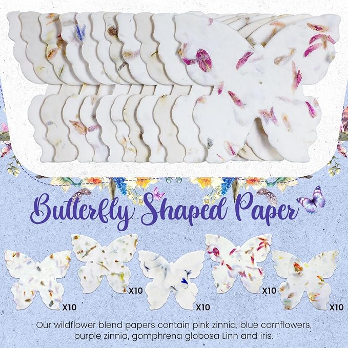 Dunzoom 50 Pcs Handmade Seed Paper Plantable Wildflower Seed Paper Recycled Flower Petals Tags Wedding Favors for Guests Craft Gifts Cards for Envelope Birthday Party, 5 Styles (Butterfly Shape)