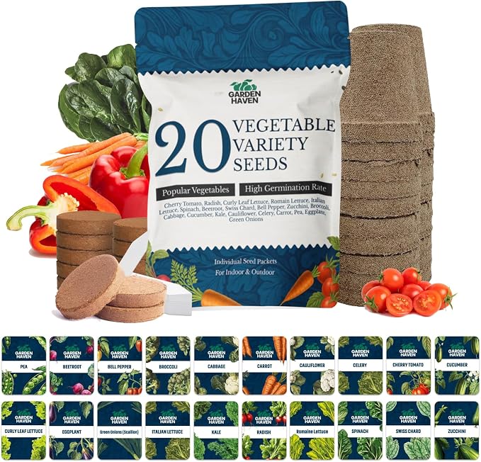 20 Vegetable Seeds Variety Pack - Complete Grow Kit Heirloom Vegetables Indoor Outdoors Vegetable Seeds, Tomatos, Broccoli, Carrots, Lettuce & More - DIY Starter Kit (Complete Starter Kit (w/Seeds))