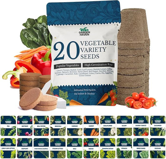 20 Vegetable Seeds Variety Pack - Complete Grow Kit Heirloom Vegetables Indoor Outdoors Vegetable Seeds, Tomatos, Broccoli, Carrots, Lettuce & More - DIY Starter Kit (Complete Starter Kit (w/Seeds))
