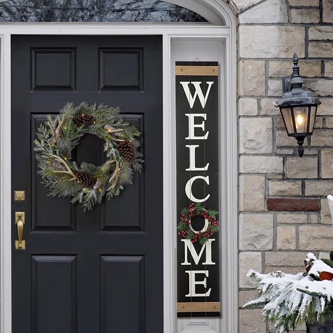 Glitzhome 60”H Welcome Sign for Front Door Porch Farmhouse Wooden Hanging Wall Sign with 4 Interchangeable Floral Wreaths for Seasons Spring Summer Fall Harvest Thanksgiving Christmas Home Decor