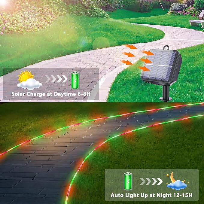 Solar Rope Lights, 33ft 100LED Solar String Lights, 8 Modes Waterproof Solar Outdoor Light, Flexible Clear Trampoline Light for Garden Backyard Patio Deck Porch Pool Tree Decoration - Red & Green