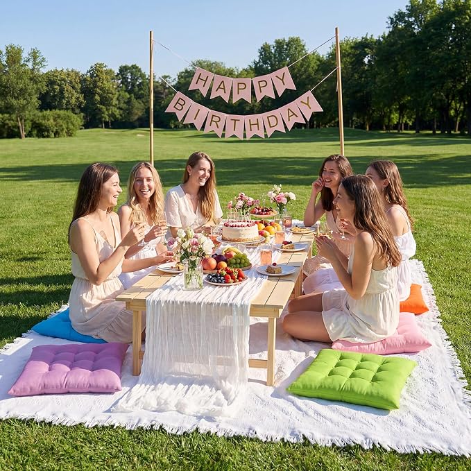 8 Pcs Fit for 6 People 91 x 71'' Extra Large Outdoor Picnic Blanket with Bright Table Runner and Floor Pillow Cushion Fit for 6 People Picnic Wedding Birthday Baby Shower Backyard Decor