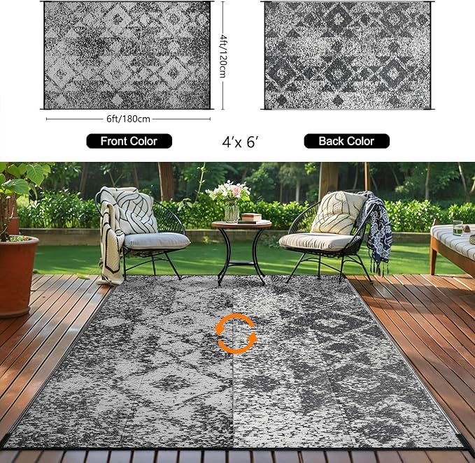 Outdoor Patio Plastic Straw Rug - 4x6 ft Outdoor Camping Rug Waterproof Reversible, Area Carpet Patios RV, Outside Porch Balcony Deck for Camper, Mosaic Black Grey