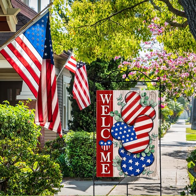 Welcome 4th of July Stars Stripes Patriotic Decorative House Flag, American USA Memorial Day Garden Yard Outside Decorations, Eucalyptus Summer Outdoor Large Home Decor Double Sided 28x40