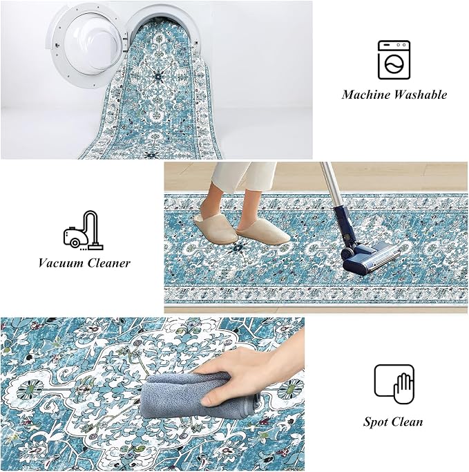 U'Artlines 2' x 6' Boho Hallway Runner Rug, Washable Carpet, Teal | Non Slip, Vintage Farmhouse Accent Area Rug Carpet, for Kitchen Entryway Laundry and Living Room