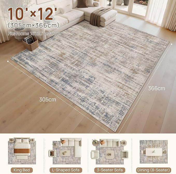 UERMEI 10x12 Area Rug for Living Room Washable Abstract Brown Carpet | Low Pile Non-Slip Soft Neutral Modern Kid Pet Friendly Large Rugs For Bedroom Dining Room Nursery Office Indoor Decor