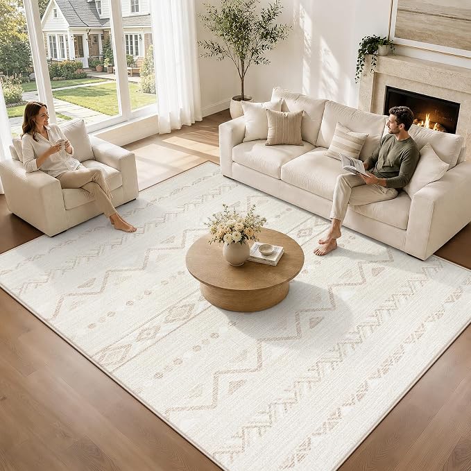 Zomfy Living Room Rug 5x7 Area Rugs Washable Rug(CreamBeige, 5'x7') | Geometric Boho Modern Rugs Neutral Non Slip Soft Carpet Low Pile No Shedding Print Rug for Bedroom Dining Room Home Office