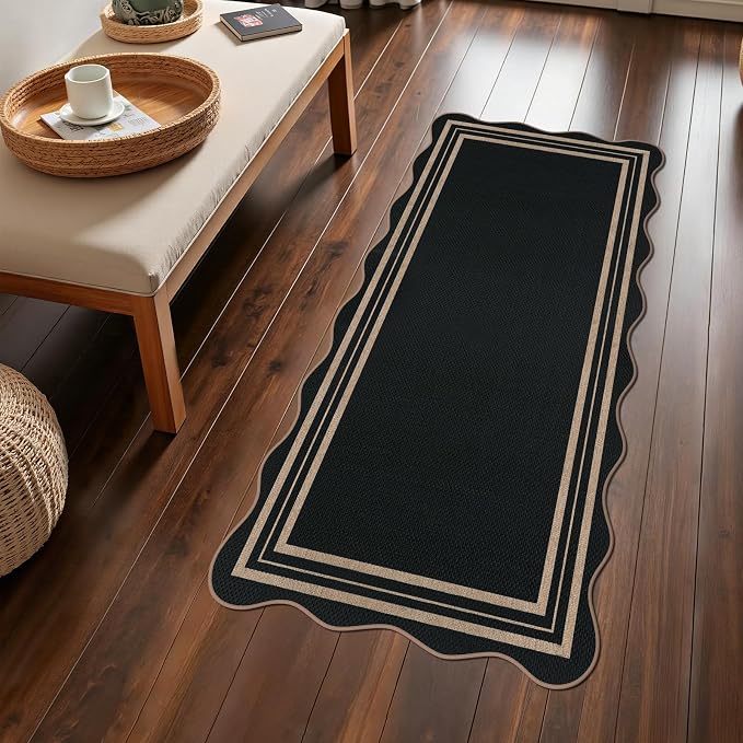 Scalloped Easy Jute Black Rug, 2x4 Front Door Washable Door Mat Non Slip Small Kitchen Area Rug, Farmhouse Low Pile Floor Rugs for Entryway Porch Doorway