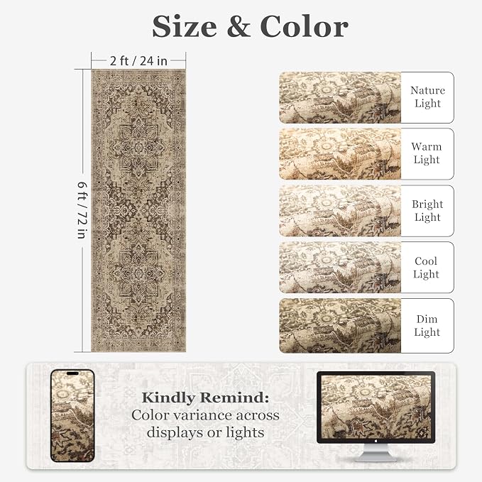 Brown Taupe 2x6 Hallway Runner Rug, Carpet Runners 6ft for Kitchen Non Slip Washable, Farmhouse Distressed Floor Runner for Entryway Front Door, Vintage Medallion Rug Runner Bathroom Bedroom