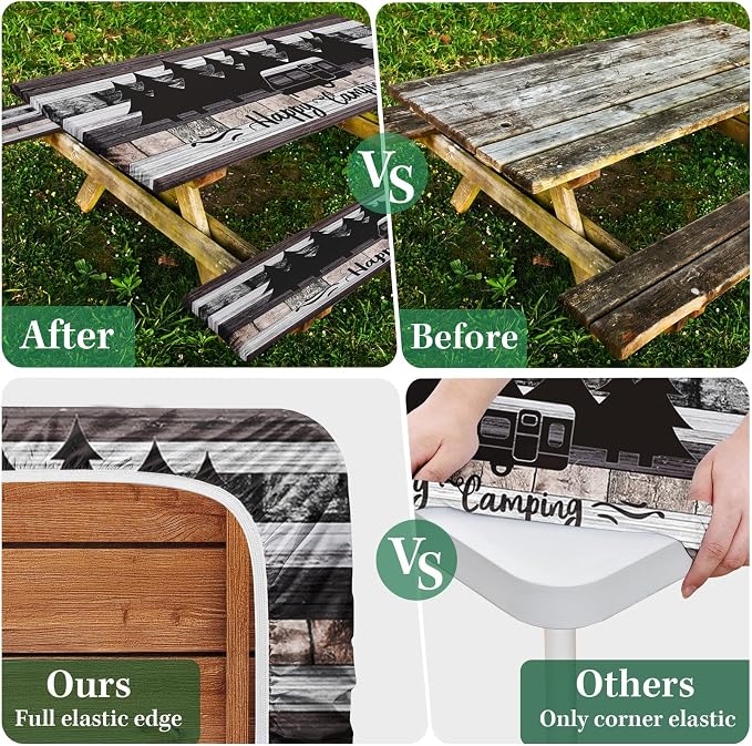 Picnic Table Cover with Bench Covers Elastic Edges, Grey Camper Fitted Table Cover, Outdoor Patio Camping Essentials 72 Inch 3PCS, Waterproof Camping Fitted Tablecloth with Drawstring Bag