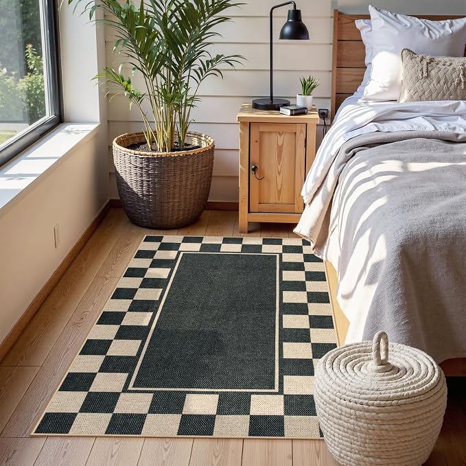 Moynesa Easy Jute Rug Checkered Outdoor Patio Rug 3x5, Washable Rugs for Entryway Non Slip Bordered, Indoor Outdoor Carpet for Living Room Bedroom Kitchen Farmhouse Backyard, Black