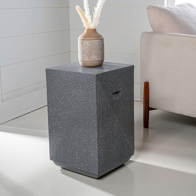 JONATHAN Y Adrian Polyresin Outdoor Side Table and Garden Stool, 21" Weather Resistant Geometric Fluted Accent Table for Patio, Porch, Deck, Gray Terrazzo TBL1104B