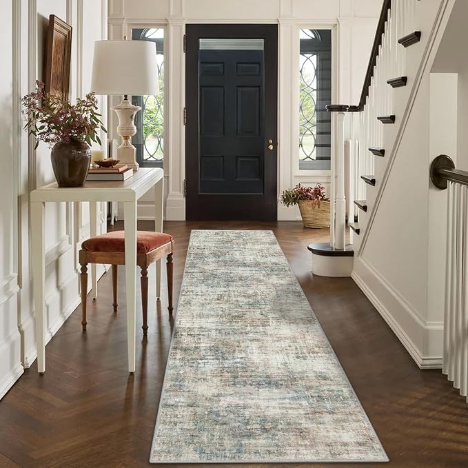 2'6''x8' Runner Rugs Washable Rug: Modern Abstract Multi Color Carpet | Non-slip TPE backing makes this washable soft low-pile rug safe & durable, Pet-friendly decor for dining room,nursery,office