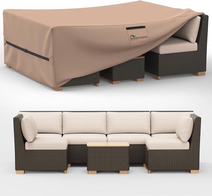 Mrrihand Upgrade 600D Heavy Duty Patio Furniture Covers Waterproof, Patio Furniture Outdoor Sectional Sofa Couch Set, Patio Table and Chair Set Cover 98" L×78" W×30" H, Brown