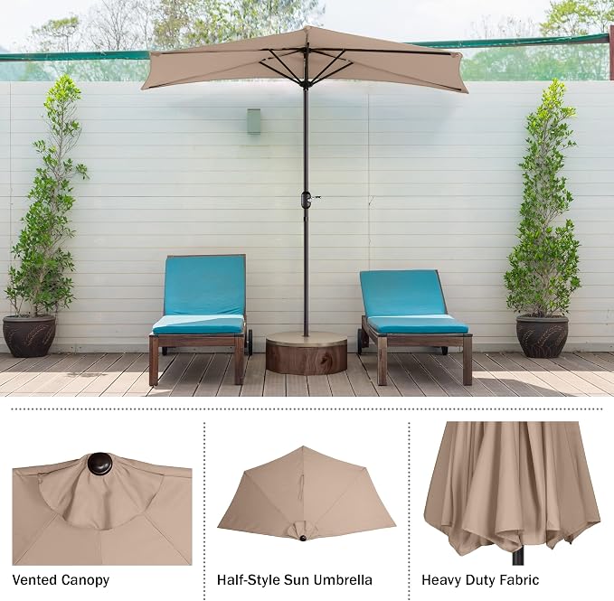 Half Umbrella Outdoor Patio Shade - 9 ft Patio Umbrella with Easy Crank - Small Canopy for Balcony, Table, or Deck by Pure Garden (Beige)
