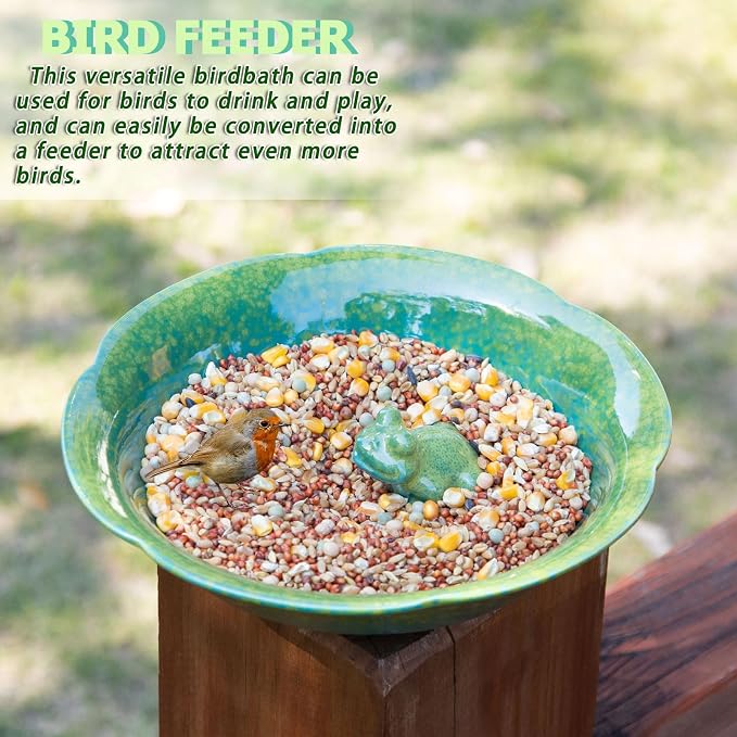 10" W Ceramic Bird Bath Bowl,Bird Bath for Outdoors with Frog Decor.