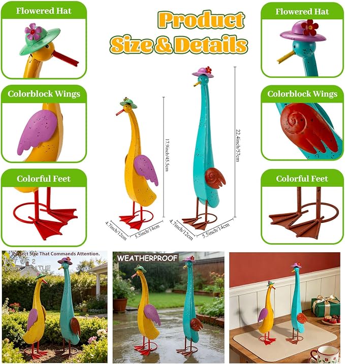 22" Duck Garden Statue Set of 2 Metal Ducks, Duck Outdoor Decor Animal Yard Art Sculptures for Patio Porch Lawn Backyard