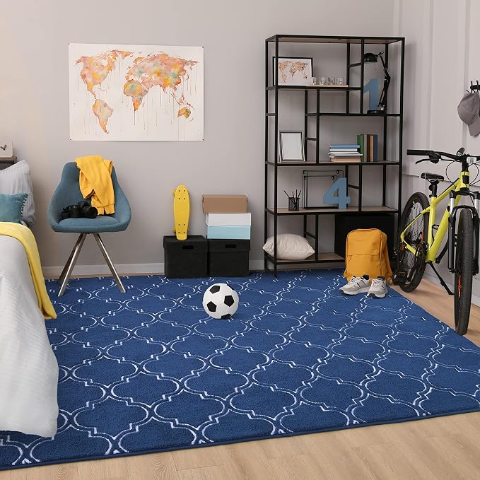 Chicrug 6x9 Shag Geometric Modern Area Rug for Bedroom Living Room | Memory Foam Indoor Carpet, Fluffy Rug for Bedside Room Decor for Family Girls Kids Nursery Play Mat, Navy and White