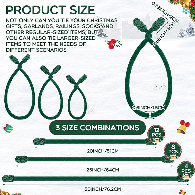 Zhengmy 24 Pcs 20'' 25'' 30'' Christmas Velvet Garland Ties Christmas Decorative Twist Ties for Banister Reusable and Flexible Wreath Twist for Xmas Home Decorations Holiday Craft Wrapping (Green)