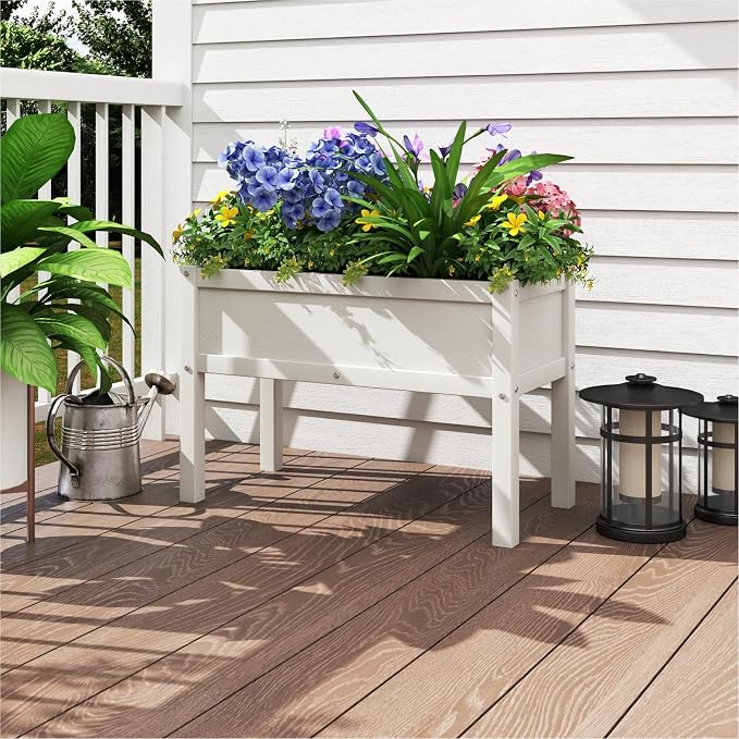 Small HDPE Raised Garden Bed, Elevated Planter Box with Legs, Outdoor All-Weather Planter Raised Beds for Seeds, Herbs, Flowers, Vegetables (White)