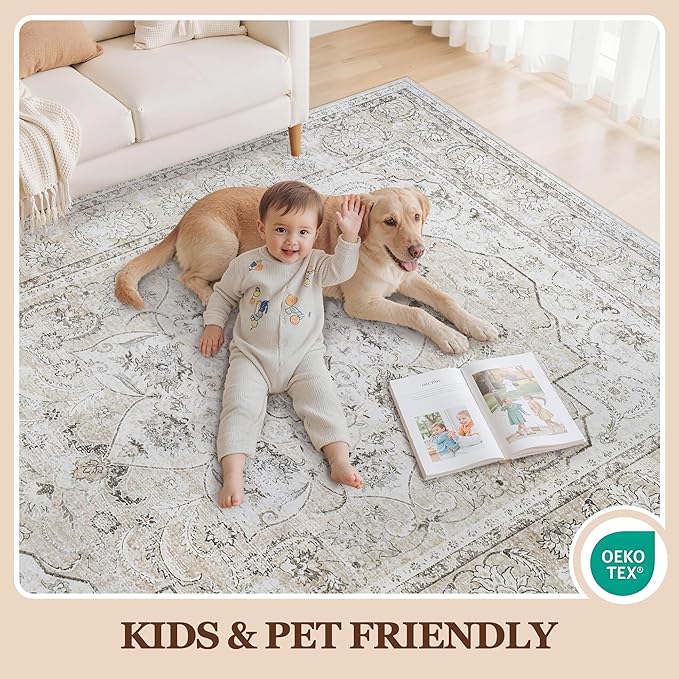 5x7 Washable Area Rugs for Bedroom Beige White Non-Slip Rug | Vintage Medallion Rug，Soft Low Pile Large Rugs，Indoor Retro Carpet for Bedroom Nursery Dining Table Farmhouse Home Office