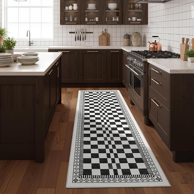 GarveeHome Kitchen Runner Rug 2x6, Modern Black and White Checkered Rug | Washable Non-Slip Carpets for Kids Room, Contemporary Abstract Low Pile Nursery Rug for Bedside Laundry Classroom Bathroom