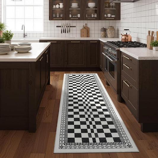 GarveeHome Kitchen Runner Rug 2x6, Modern Black and White Checkered Rug | Washable Non-Slip Carpets for Kids Room, Contemporary Abstract Low Pile Nursery Rug for Bedside Laundry Classroom Bathroom