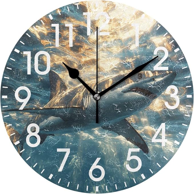 ALAZA Home Decor Shark Underwater Magic Round Acrylic 9.84 Inch Wall Clock Non Ticking Silent Clock Art for Living Room Kitchen Bedroom