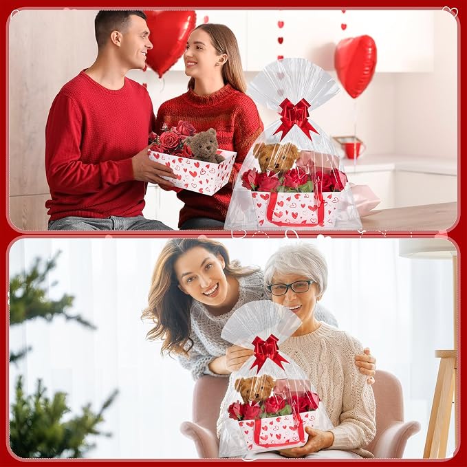 Qinyoung 12 Pack Red Heart Baskets for Gifts Empty Heart Gift Basket with Handles, Pull Bows, Cellophane Bags and Twist Ties for Valentine Mother's Day Wedding Bridal Party Favor Supplies, 9.8 x 6.5''