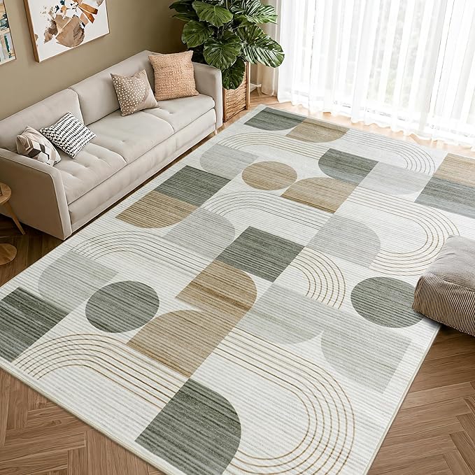 Soft Modern Geometric Abstract Large Machine Washable 10x14 Area Rug | Beige Rugs for Bedroom Living Room, Non-Shedding Faux Wool Indoor Throw Floor Carpet for Office Entryway Dining Room Decor