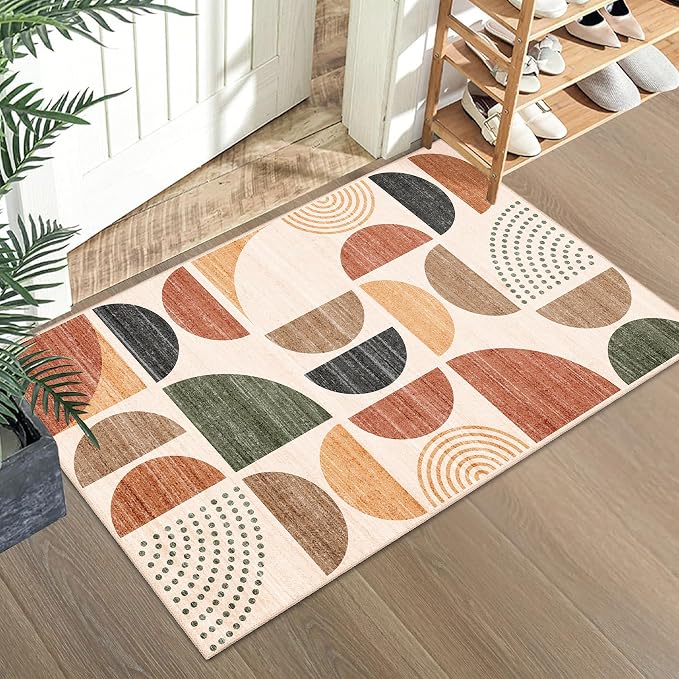 Small Rug Washable,Boho 2x3 Area Rugs Non Slip Modern Abstract | Machine Washable Throw Carpet for Entryway Bathroom Entry Entrance Bedroom Kitchen Soft Low Pile Indoor Bohemian Terracotta