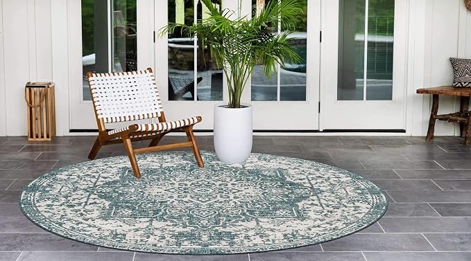 Unique Loom Jill Zarin Outdoor Collection Area Rug - Dubai (6' 7'' Round, Teal/ Ivory)