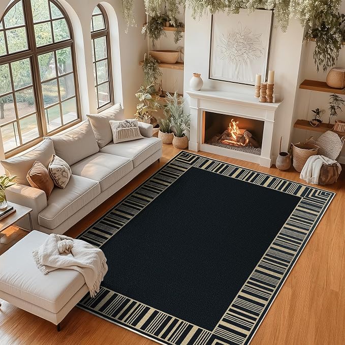 COZYLOOM Indoor Outdoor Rugs 8x10 Modern Easy Jute Washable Area Rug,Black | Non Slip Neutral Bordered Non Shedding Stain Resistant Foldable Rug for Living Room Dining Room Bedroom Patio Backyard