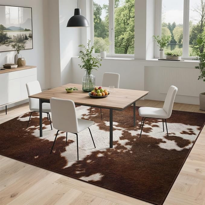 DweIke Cow Print Rugs for Living Room, 8x10 Large Soft Faux Animal Cowhide Area Rug, Washable Non-Slip Stain Resistant Throw Carpet for Dining Room Office Western Home Decor, Red Brown