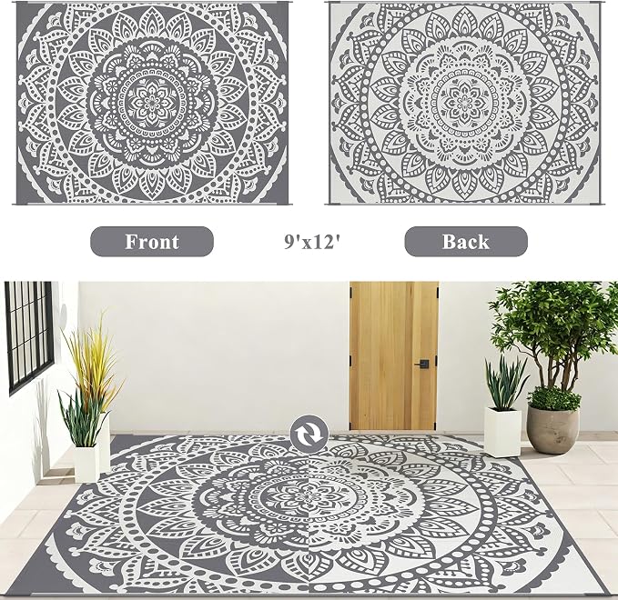 Bsmathom Waterproof Outdoor Rug 9x12 ft Large Reversible Boho Plastic Straw Patio Deck Camping Rugs, Indoor Outdoor Portable RV Mat Carpet for Outside, Porch, Balcony, Backyard, Beach, Pool,Grey