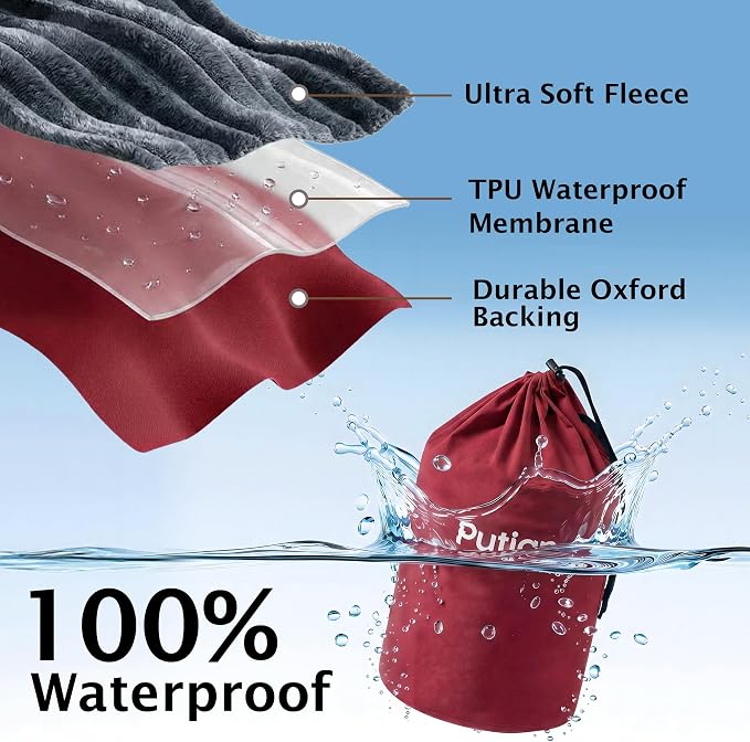 PuTian Waterproof Outdoor Blanket 79"X57" Packable, Stadium & Car Camping Blanket with Corduroy Fleece Lining, Windproof Throw for Picnic Hiking Road Trip, Machine Washable, Black 350GSM