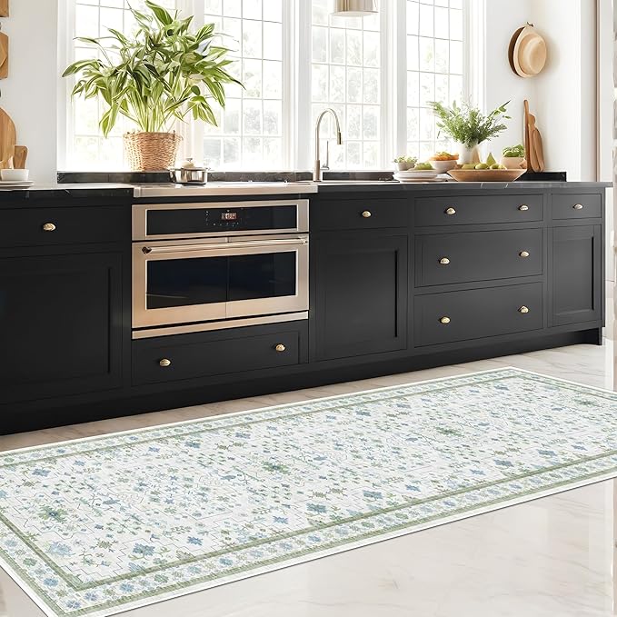 Oushak Wide Hallway Runner Rug 2'6"x10' - Vintage Turkish Floral, Washable Low Pile Non Slip 10ft Wide Runners for Kitchen, Hall Way - Blue and Green