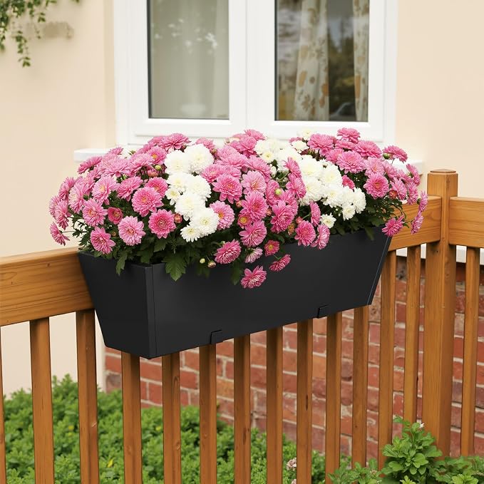 Railing Planter Box 36 Inch - Heavy Duty Metal Window Boxes, Deck Railing Planter Boxes with Adjustable Bracket & Drainage, Hanging Planter for Deck Railing Balcony & Patio