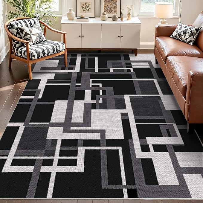 Pionblank Modern Geometric Area Rugs for Bedroom, Black White Grey 4x6 Rug | Charcoal Black Patchwork Blocks Indoor Carpet for Living Room Dining Room Office | Soft Low-Pile Floor Rug | Non-Slip