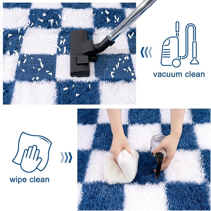 Checkered Rugs for Bedroom, 4x6 Navy and White Ultra Fluffy Fuzzy Shag Area Rug for Living Room, Modern Plush Soft Upgrade Non-Slip Carpet for Kids Girls and Boys Room Dorm Nursery Home Decor