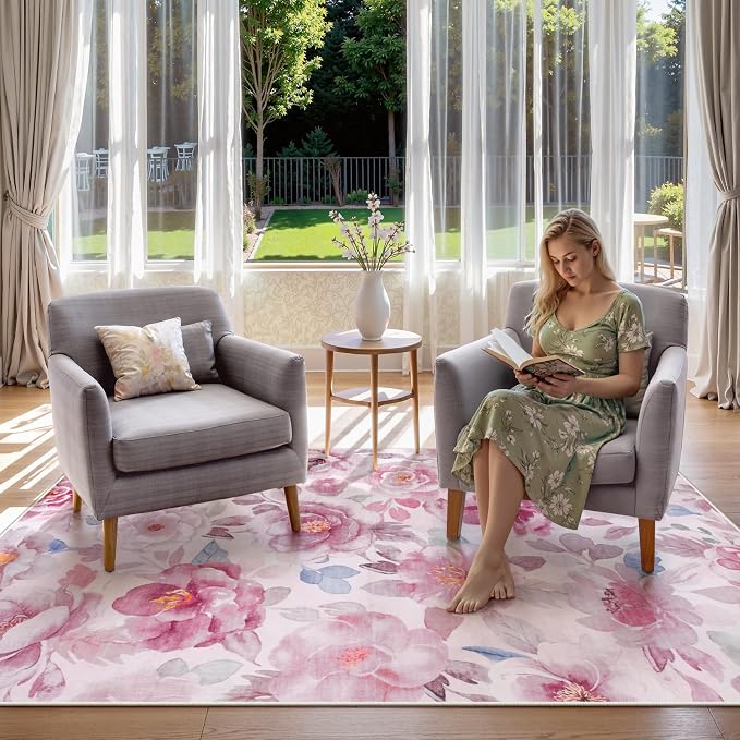 Lahome Pink Floral Area Rug 3x5 for Bathroom and Bedroom | Non-Slip Entryway Rug, Ultra-Thin Washable Stain Resistant Boho Throw Rug for Vanity