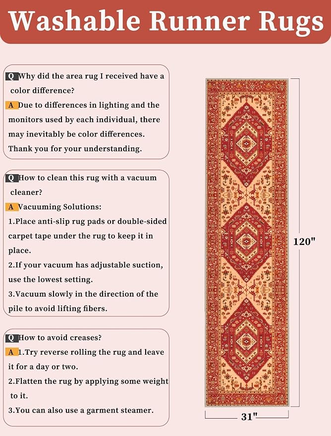 SERISSA 2'6"x10' Washable Non Slip Boho Runner Rug for Hallway，Red | Ultra Soft Vintage Oriental Carpet Low-Pile Tribal Floor Carpet for Kitchen Bedroom Bathroom Laundry Room
