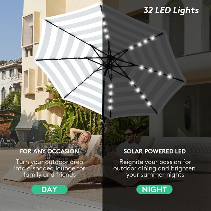 JEAREY 9FT Outdoor Patio Umbrella with Solar Lights, LED Lighted Pool Umbrella with Tilt and Crank, Outdoor Table Umbrellas for Deck, Yard & Market (Black & White Stripe)