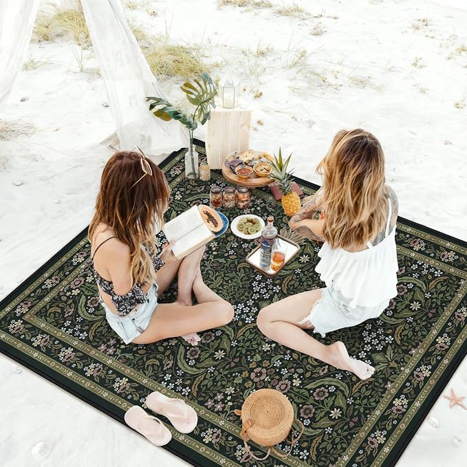 Floral Picnic Blankets Waterproof Foldable, 60″X80″ Packable Picnic Mat Vintage Outdoor Blanket for Grass, Large Beach Blanket Sandproof Picnic Accessories for Camping Music Festival Park Lawn Travel
