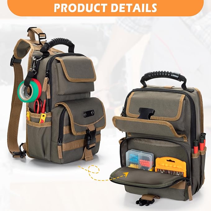 Electrician Tool Pouch Bag, Zippered HVAC Tool Organizer | Heavy-Duty Canvas Fabric, Ergonomic Handle, Removable Shoulder Strap, Ideal for Maintenance Repair Technician