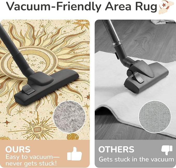 Vacuum-Friendly, 2x3 Washable Area Rug, Beige Camel Brown | Sun and Moon Boho Gothic Non-Slip Low Pile Living Roon Bedroom Dining Room Kitchen Entry Entryway Entrance Hallway Doormat