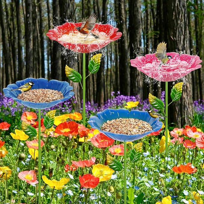 4 Pack Bird Baths for Outdoors, Colorful Metal Bird Bath for Outside, Hummingbird Bath with Five Stakes, Garden Flower Small Birdbath for Garden Decor (Royal Blue,Pink,Cyan,Deep Red)